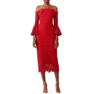Shoshanna Red Harrison Lace Midi Dress Off the Shoulder Bell Sleeves Bodycon 6
